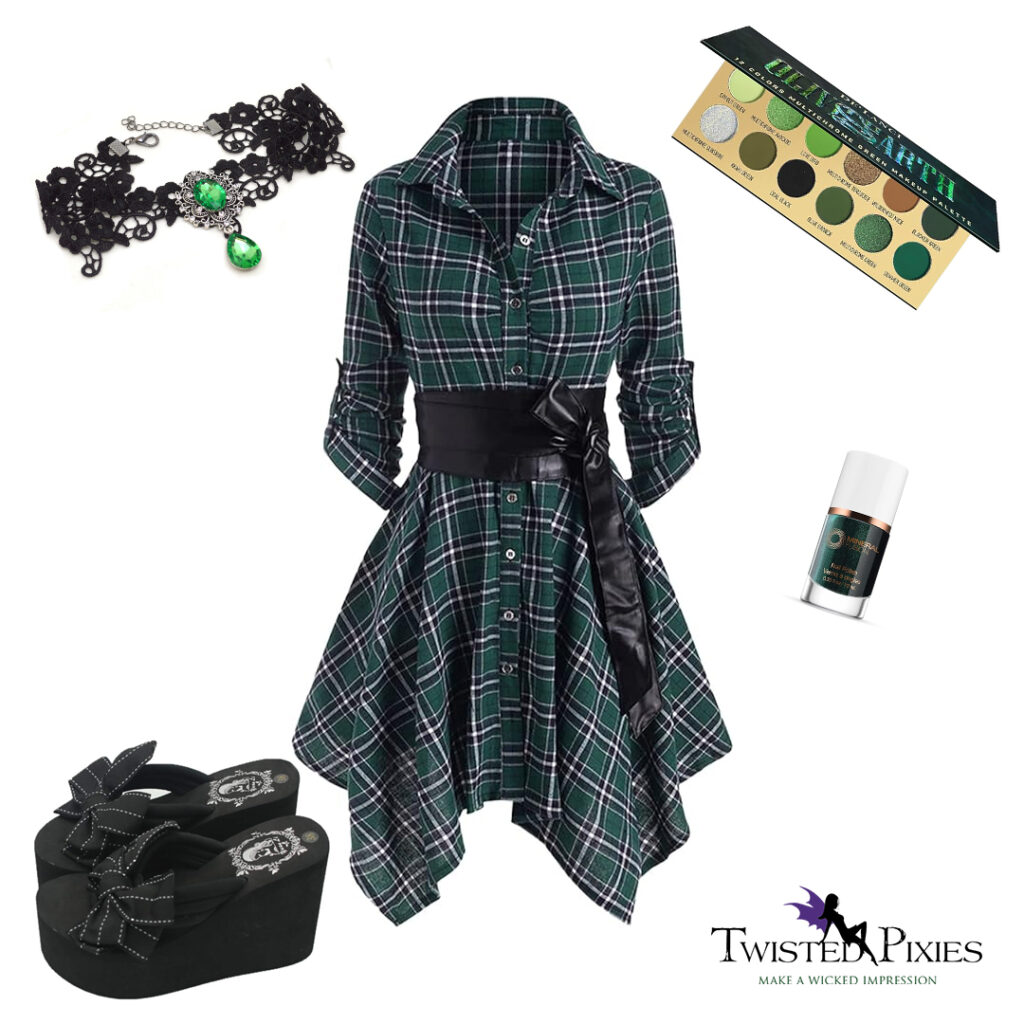 gothic spring outfit idea combining plaid and leather with lace